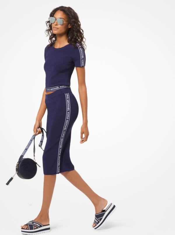 Damske Tricko Michael Kors Logo Tape Stretch-Viscose Cropped Biele / Námornícka Modrá - Oblecenie Michael Kors Obchod | SIAHU-0162